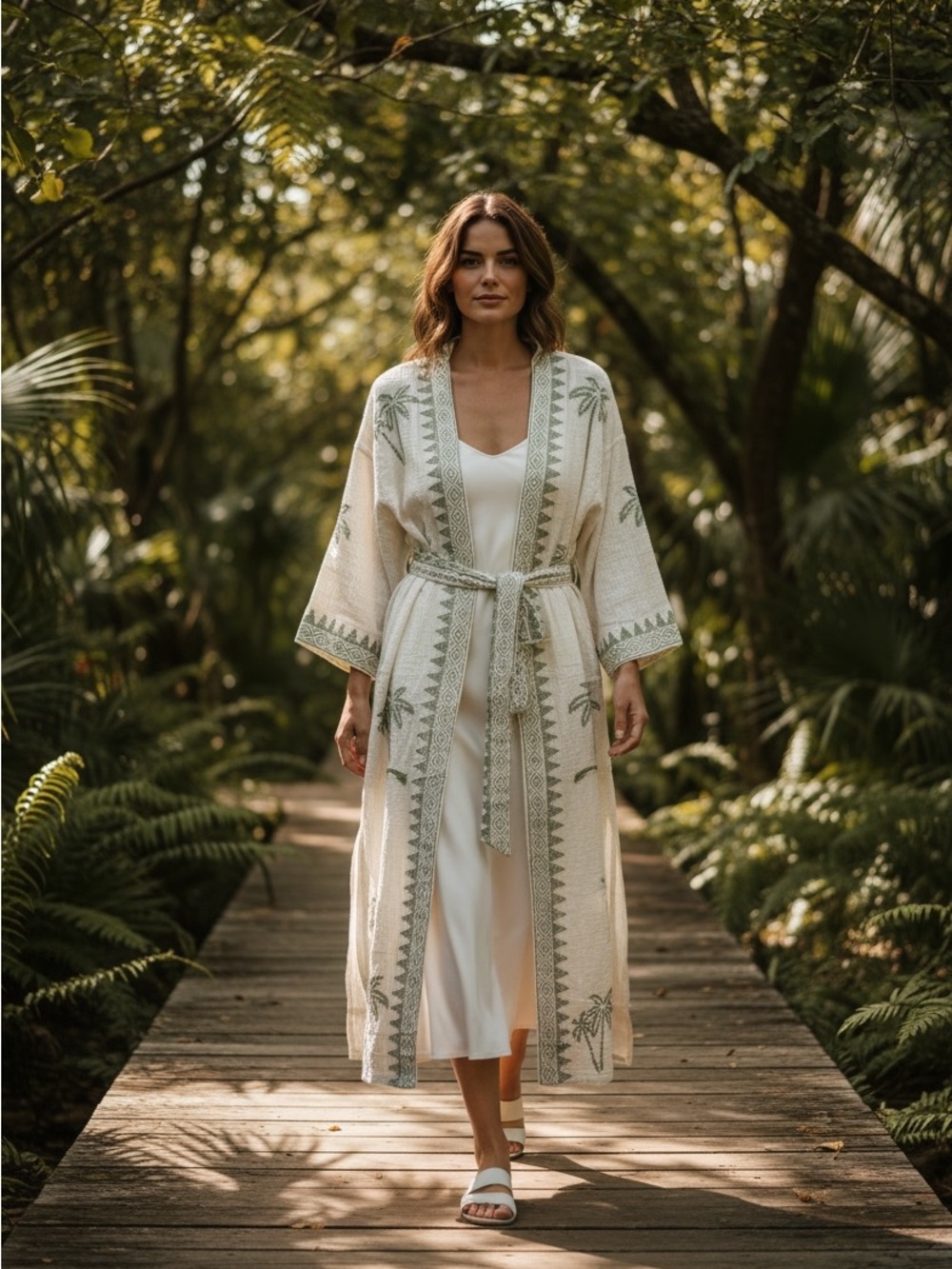 POL Cream Swim Kimono with Sage Embroidered Trim